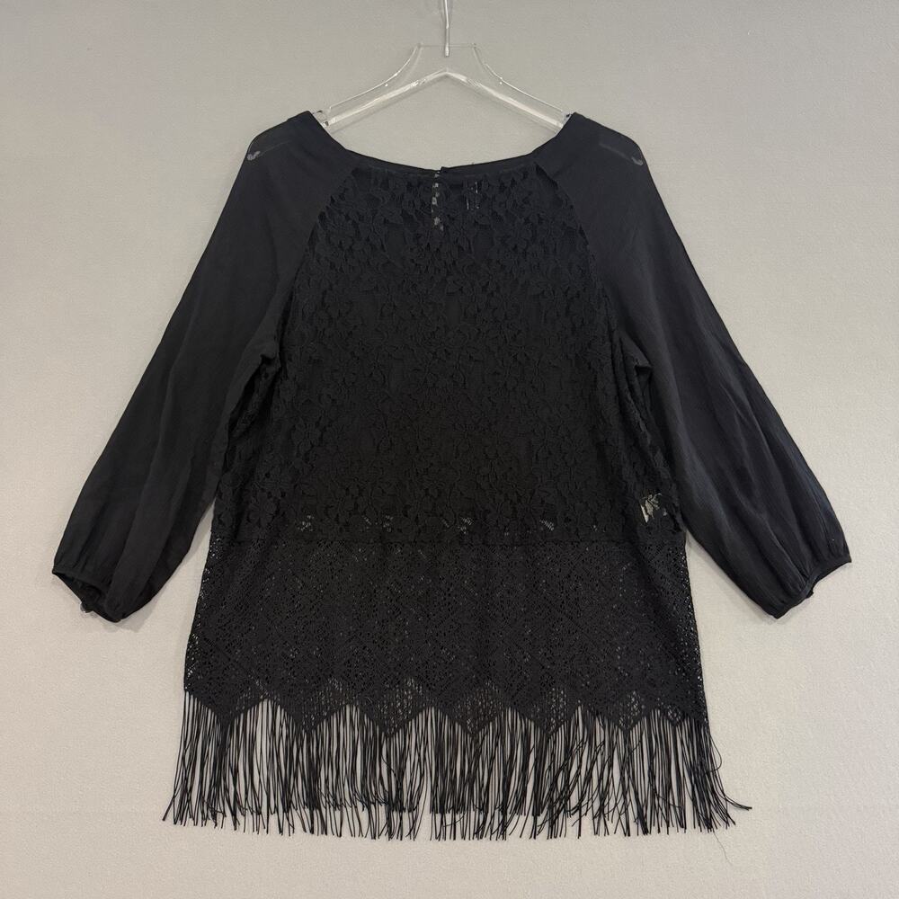 Free People Black Sheer Lace Blouse Top Women's Large Fringe Witchy Goth Romance
